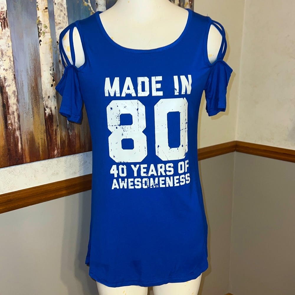 Made in the 80”s- Blue Cold Shoulder Top
